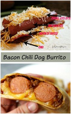 bacon chili dog burrito with cheese on top and in the bottom, there is an image of what it looks like