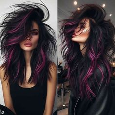 Platinum And Purple Hair Highlights, Black And Purple Color Block Hair, Black Hair With Magenta Highlights, Long Black And Purple Hair, Hair Color Black With Highlights, Bold Hair Color Ideas For Brunettes, Black And Vivid Hair Color, Chunky Peekaboo Highlights, Edgy Summer Hair Color