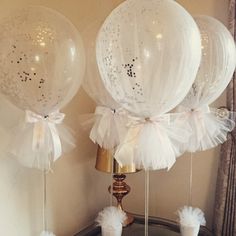 White baloons with blue tulle. would be easy to make and very cute. Tulle Balloons, Weddings Idea, Silver Confetti, Bridal Shower Planning, Chic Bridal Showers, Communion Party, Mod Wedding, Baby Shower Balloons