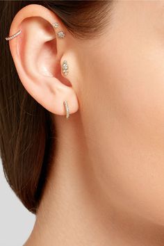 Maria Tash's single hoop earring is made from 18-karat rose gold set with 0.08-carats of pavé diamonds that catch the light from every angle. Reference the designer's love of multiple piercings by wearing yours with other styles from the collection.  Shown here with: [Proenza Schouler Top id754094], [Maria Tash Earring id724333], [Maria Tash Earring id724330], [Maria Tash Earring id724336], [Maria Tash Earring id724339]. Tash Helix Earring, Single Rose Gold Diamond Earring, Yellow Gold Diamond Cartilage Earrings, Angle Reference, Rose Gold Diamond Hoop Earrings, Big Gold Hoop Earrings, Maria Tash Earrings, White Opal Earrings, Gold Diamond Hoop Earrings