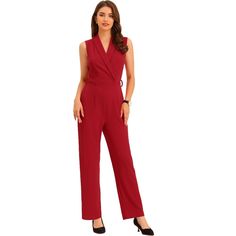 Versatile to suit each body size, each age, and each occasion, it is a timeless item for your wardrobe. A solid shawl collar jumpsuit is ready for you to move in and out of the office. With the design of the self-tie belt and high waist, it can accentuate your graceful figure. The invisible zipper back can be easily dressed up or down and the tie belt draws out your waistline and shows your body curve perfectly. Red Sleeveless Jumpsuits And Rompers, Elegant Red Overall Jumpsuit/romper, Red V-neck Jumpsuit And Romper, Red Overall Jumpsuit For Work, Elegant Red Jumpsuits And Rompers For Work, Elegant Red Jumpsuit For Workwear, Mini Jumpsuit, Collar Jumpsuit, Tube Jumpsuit