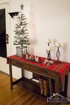 a christmas tree sits on top of a table