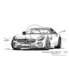 a black and white drawing of a mercedes sports car