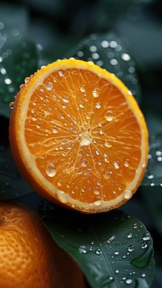 an orange cut in half sitting on top of leaves with water droplets all over it