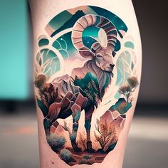 a tattoo on the leg of a person with an animal and mountains in the background