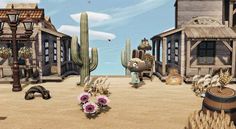 an animated image of a desert town with cacti and flowers