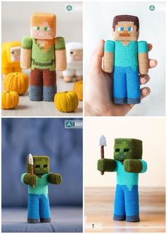 four different pictures of the same character in minecraft, including a man holding a pickle