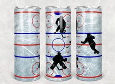 three aluminum cups with hockey designs on them