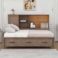 a bedroom with a bed, dresser and bookshelf on the wall above it