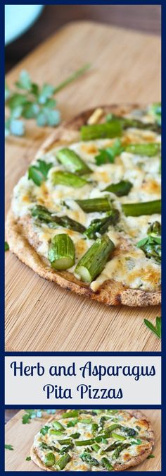 a pizza with asparagus and cheese on a cutting board