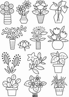 a black and white drawing of potted plants with flowers in them on a sheet