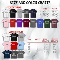 the size and color chart for t - shirts