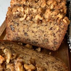 two slices of banana nut bread on a cutting board