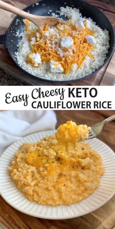 two pictures of cheesey keto and cauliflower rice