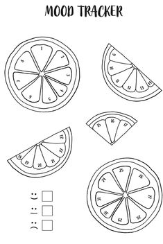 a coloring page with four slices of fruit and the words mood trackerr on it