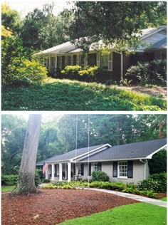 before and after pictures of a house in the suburbs, with landscaping around the front yard