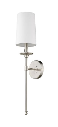 1 Light Wall Sconce. The beauty of brushed nickel finish steel stands out in the design of this one-light wall sconce, an ideal selection to enhance a modern or transitional bathroom, bedroom, or hallway. Z-Lite Emily 5.5-in W 1-Light Brushed Nickel Modern/Contemporary Wall Sconce | 807-1S-BN Contemporary Wall Sconces, Transitional Bathroom, Contemporary Wall, Bathroom Bedroom, Light Wall, Nickel Finish, One Light, Brushed Nickel, Modern Contemporary