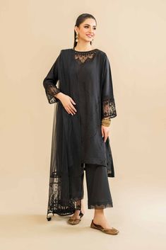 Nishat Linen 3 Piece - Embroidered Suit - KFE24-83 Mono Prets 2024 Pleated Culottes, Kurta Skirt, Chiffon Suit, Nishat Linen, Simple Frock Design, Pakistani Clothes, Embroidered Suit, Kurta Dress, Lehenga Skirt