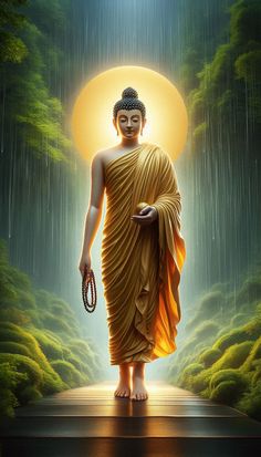 an image of buddha standing in the rain