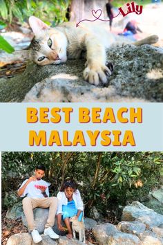 two people and a cat sitting on rocks with the caption best beach in malaysia