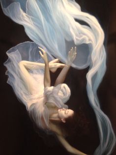 a painting of a woman in white dress with blue hair flying through the air over her head