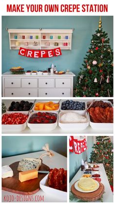 a collage of photos showing different types of cheeses and other foods on display