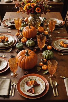 a table set for thanksgiving dinner with pumpkins, gourds and other decorations