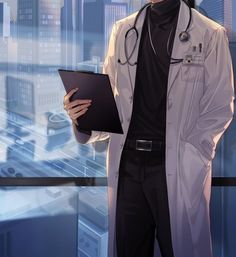 a man in a lab coat holding a clipboard