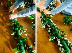 two pictures of someone making a garland with green leaves and white flowers on a wooden table