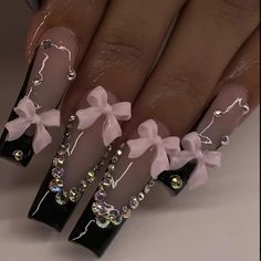 24pcs Glam Black French Tip Press-On Nails Set With 3d Bow & Rhinestone Accents, Extra Long Square Shape - Includes Jelly Adhesive & Nail File For Easy Application Brand New Never Worn! Black French Tip, Glamour Nails, Cute Acrylic Nail Designs, Classy Acrylic Nails, Nails Only, Black French