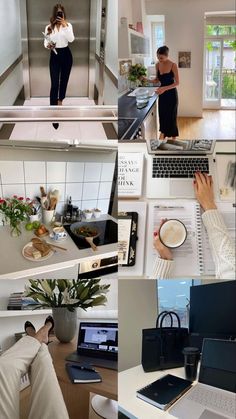 a collage of photos with people working on laptops and other things in the kitchen