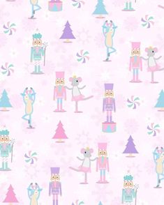 a pink and blue wallpaper with cartoon characters