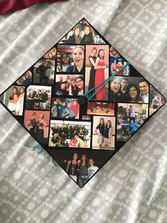 a graduation cap with pictures of people all over it