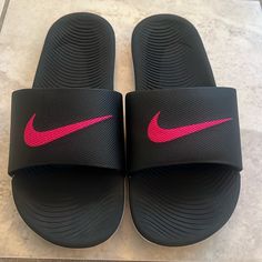 Brand New Size 9 Nike Slides Without Box.Purchased That Way At The Nike Store. Brand New. Black With Hot Pink Nike Swoosh. Pink Nike Casual Slides, Casual Pink Nike Slides, Nike Slides Womens, Nike Sweatsuit, Nike Air Vapormax Flyknit, Nike Slides, Nike Blazers Mid, Pink Nike, Cross Training Shoes