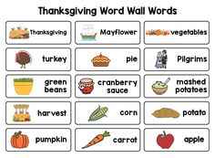 thanksgiving word wall words and pictures for kids to use in their classroom or homeschool