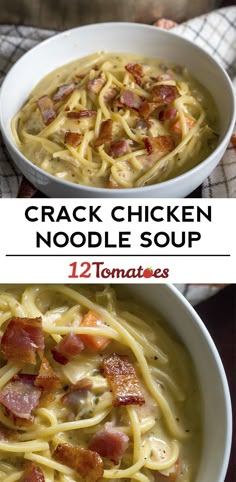 two bowls of chicken noodle soup with bacon on top