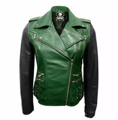 Stay stylish and warm in this Women's Green Brando Genuine Leather Jacket with Black Sleeves. Crafted with the finest leather, this punk rock-inspired jacket will be a stylish addition to any wardrobe. Featuring a comfortable fit and a modern look, this jacket is perfect for any occasion. Whether you're hitting the town or going to a more formal event, this jacket will keep you looking your best. Get yours now and enjoy free shipping! This jacket features a heavy duty YKK zipper, deep line stitching, and is made with a meticulous attention to detail, the quality cannot be beaten.  This jacket will help you to stand out from the crowd. Black Biker Jacket, Green Leather Jackets, Black Sleeves, Leather Jacket Style, Leather Jacket Outfits, Leather Skin, Vintage Leather Jacket, Genuine Leather Jackets, Leather Jackets Women