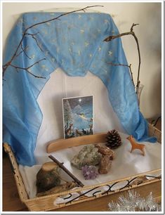 a basket filled with rocks and other items on top of a wooden table next to a painting