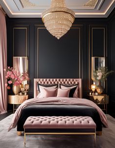 a bedroom with black walls, pink bedding and chandelier above the bed