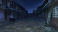 an animated image of a dark alley at night with the moon in the sky above