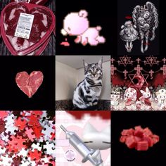 a collage of pictures with hearts, cats and other things in them that are made out of puzzles