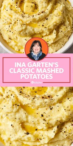 mashed potatoes in a bowl with text overlay that reads ina garten's classic mashed potatoes