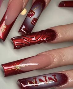 Lowrider Nail Designs, Lowrider Nails, Chola Nails Acrylic, 49ers Nails, Red And Gold Nails, Work Nails, Classy Acrylic Nails, Exotic Nails