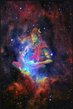 a person sitting in the middle of a space filled with stars and colorful clouds, meditating