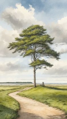 a painting of a dirt road leading to a tree on the side of a field