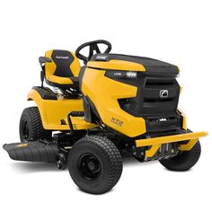 a yellow riding lawn mower on a white background with no people around the vehicle