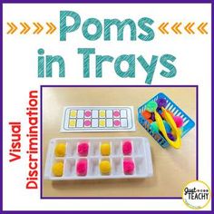 the words poms in trays are displayed next to an assortment of toys