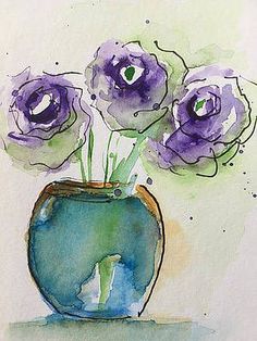 a painting of purple flowers in a blue vase