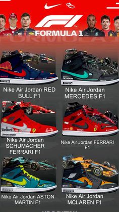 a poster showing the different types of shoes for each racecar driver and their respective drivers