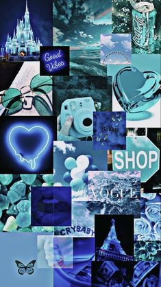 a collage of photos with the words shop and images in blue, black and white